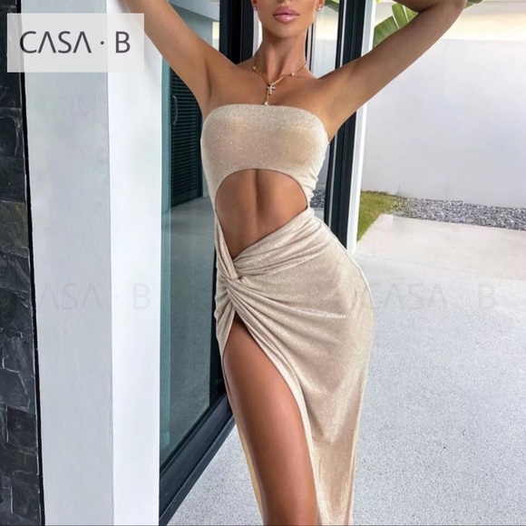 CASA B| Cocktails In Capri High Slit Champagne Shimmer Dress - Picture 5 of 6